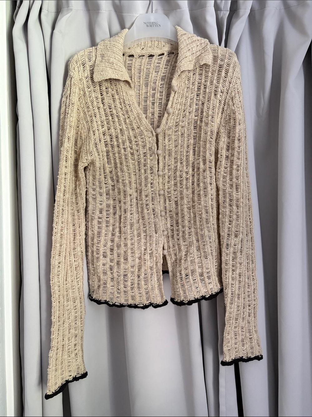 Beige Open-Knit Button-Up Sweater Cardigan - Unbranded